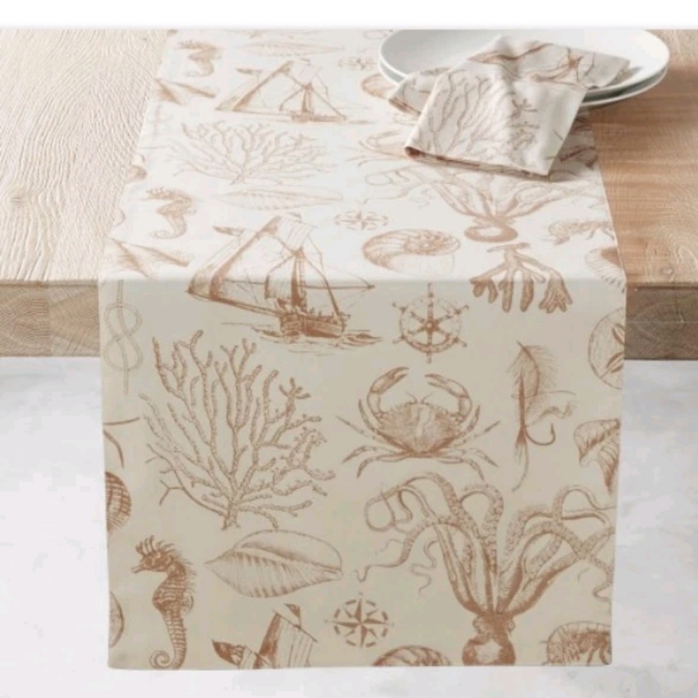 Williams Sonoma Maritime Sea Life 18”x108” Table Runner Nautical Shell Coastal
